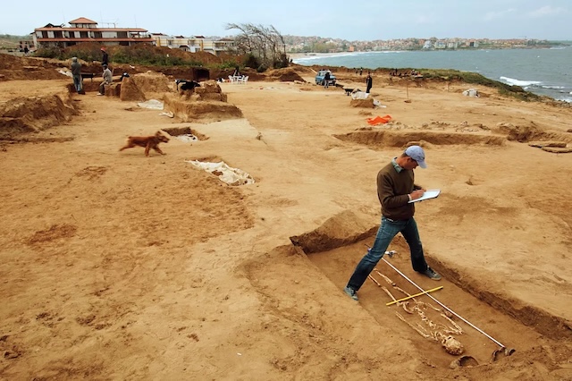 Archaeologists at work in the coastal town of Sozopol, Bulgaria, unearthing medieval graves where the "Toothless Vampire" was discovered