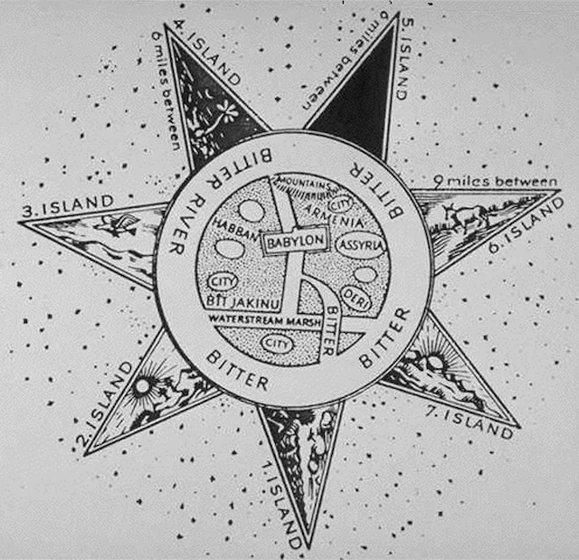 A diagrammatic reconstruction of the Babylonian Map of the World, illustrating key geographical and mythical regions.