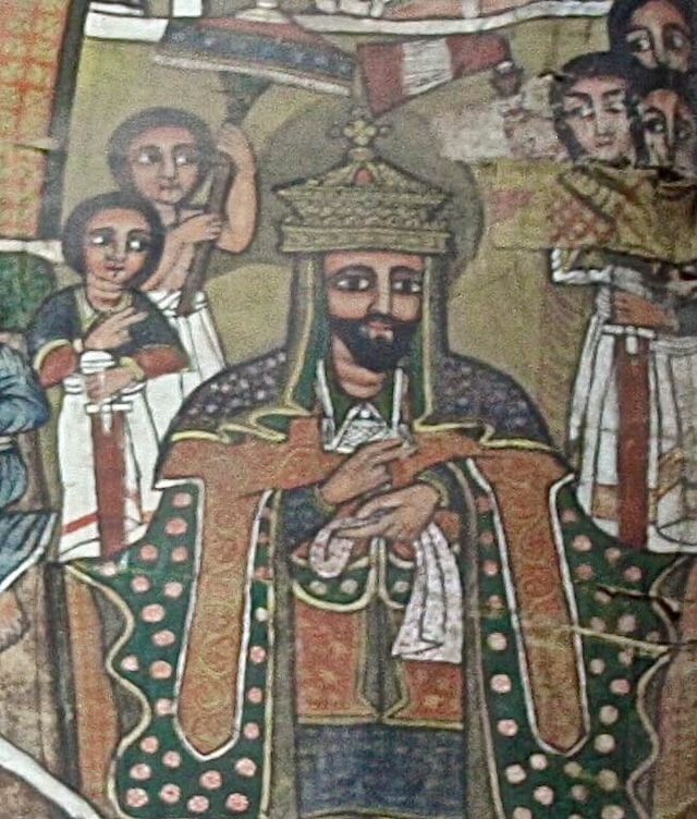 A mural depicting King Lalibela, the legendary ruler credited with the construction of the church, surrounded by attendants