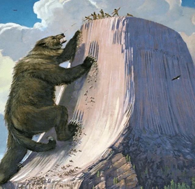 A depiction of the Lakota legend where a giant bear clawed the rock, leaving behind the distinctive vertical lines that characterize Devils Tower