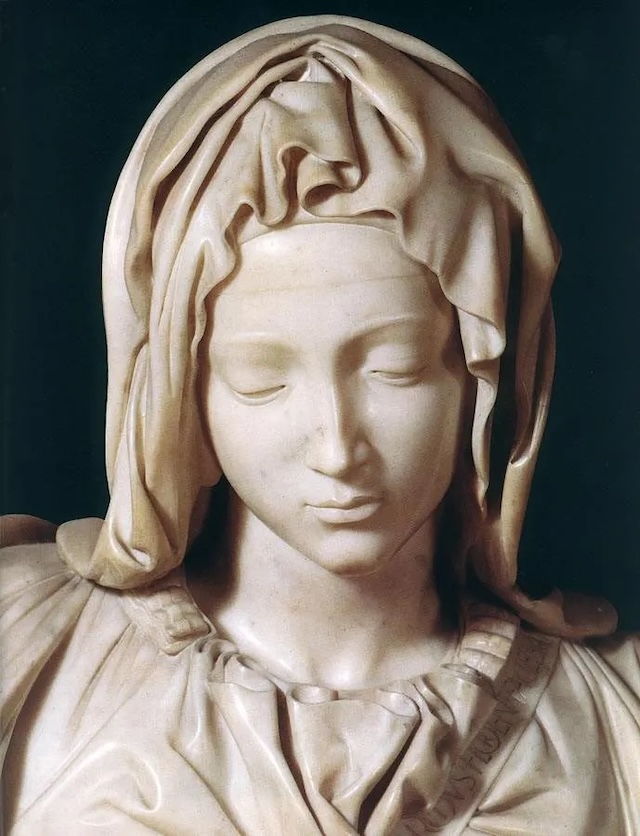 Michelangelo deviates from traditional depictions of the Virgin Mary, choosing to portray her as youthful, symbolizing purity and timelessness