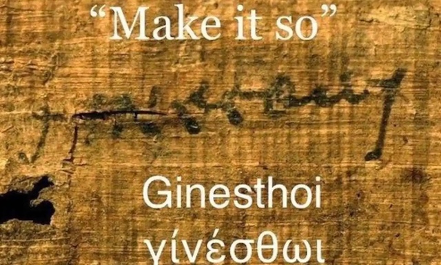 A close-up of the papyrus with the Greek phrase "ginestho," meaning "Make it so," possibly written in Cleopatra's own hand, signifying her direct involvement