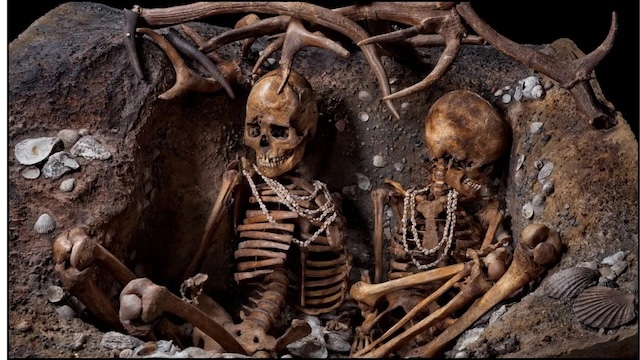 A closer view of the grave of the "Ladies of Téviec," protected by deer antlers and filled with various grave goods