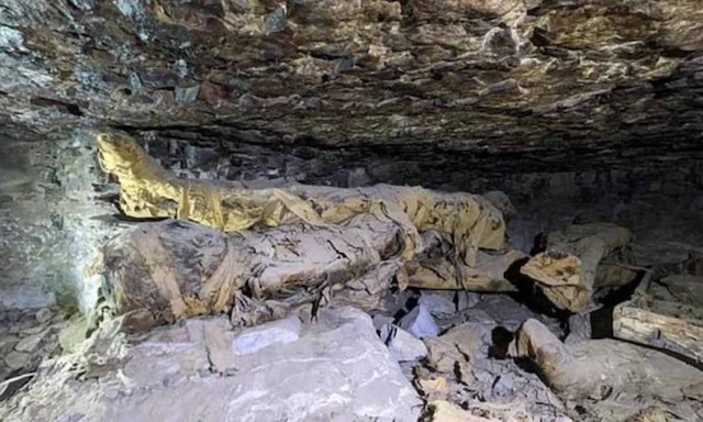 Mummified remains lying undisturbed in the tombs of Aswan, highlighting centuries-old burial customs of the ancient civilization