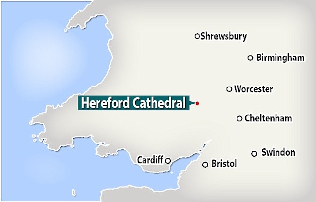 A map showing the location of Hereford Cathedral, where the skeletal remains were discovered during archaeological excavations