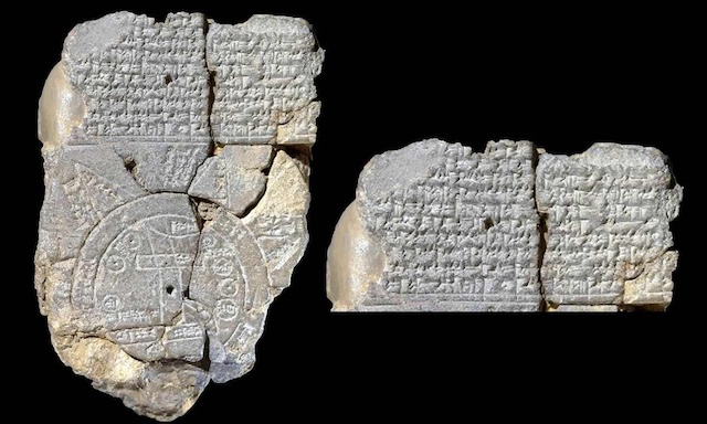 Front and back views of the Babylonian clay tablet, inscribed with cuneiform text and the world map.