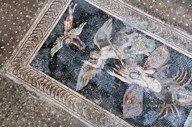 A detailed mosaic from Pompeii depicting mythological themes, showcasing the artistry and cultural influences of the ancient city