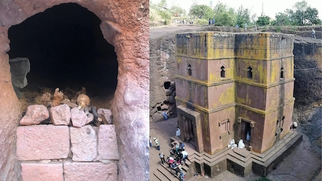 A closer look at one of the chambers carved into the rock, revealing artifacts inside, along with an external view of the church structure