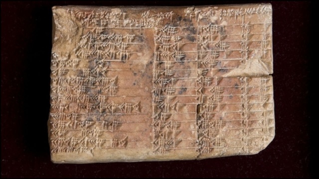 The front of the Plimpton 322 tablet, showing the cuneiform inscriptions that encode the ancient trigonometric table