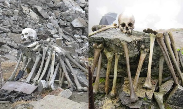 Skulls and bones arranged near the lake, forming makeshift memorials to those who perished in the unforgiving Himalayan wilderness