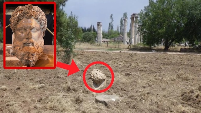 The exact location where the marble head of Zeus was discovered in Aphrodisias, offering a glimpse of the excavation site and the incredible find