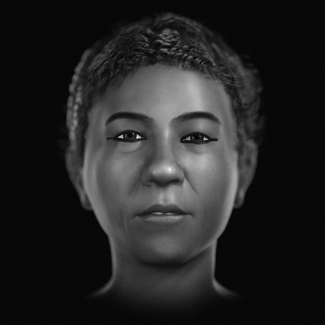 A grayscale version of the Gilded Lady's reconstructed face, showcasing her likely features without skin tone assumptions