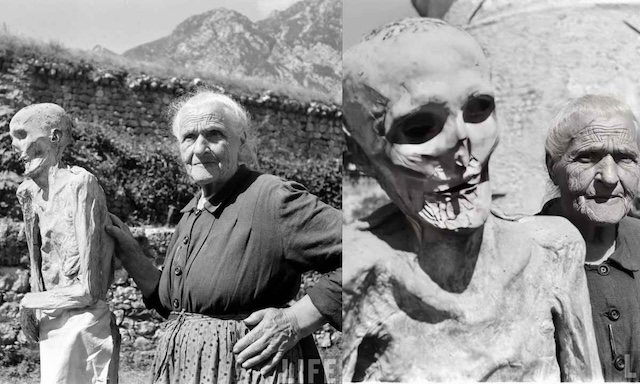 Close-up of an elderly woman in Venzone standing beside a mummy, showcasing the incredible bond between the living and the long-deceased in this small Italian village