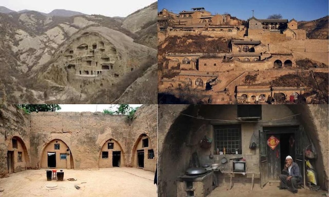 A collage of various cave dwellings in China, displaying the variety in structure, use, and the lifestyle of the inhabitants