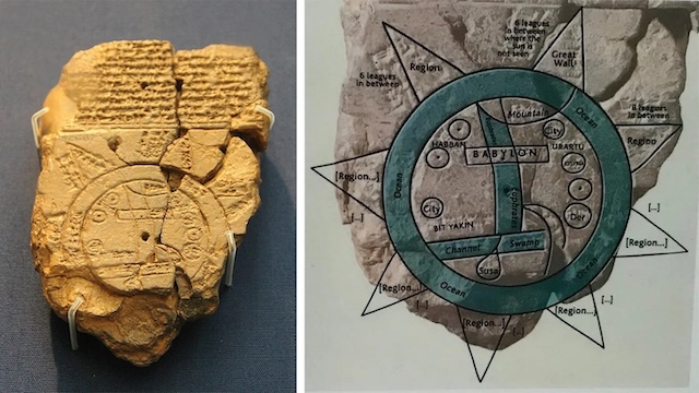 Side-by-side comparison of the original Babylonian Map and its modern interpretation, depicting regions, waterways, and the surrounding "Bitter Water."