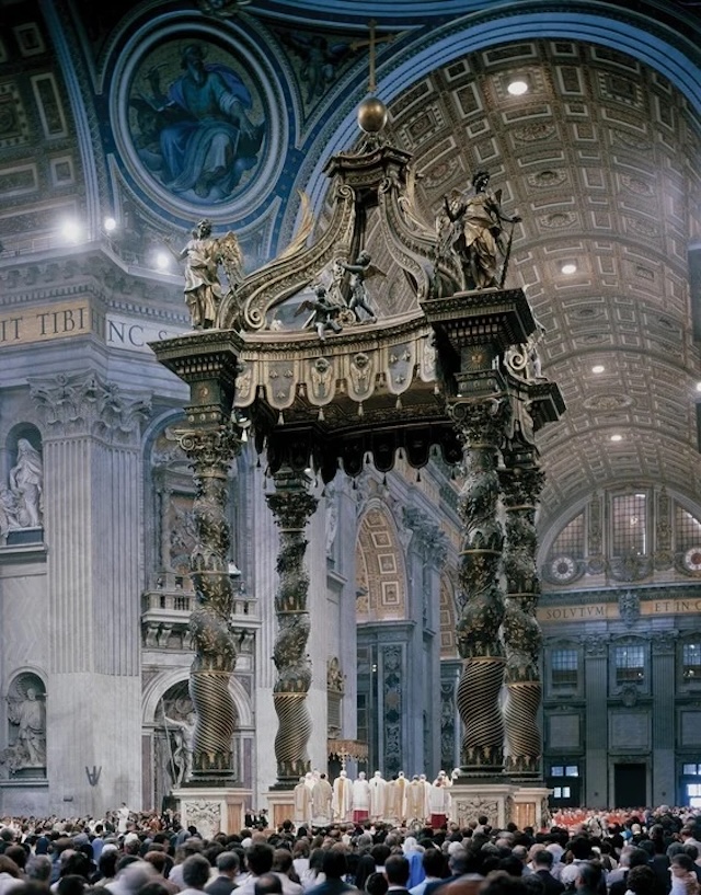 This grand bronze canopy over St. Peter’s tomb showcases Bernini’s architectural brilliance with its intricate details