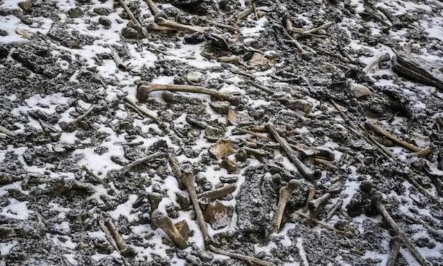 Scattered remains lie across the snow-covered ground, a haunting reminder of the tragic fate of the pilgrims at Skeleton Lake