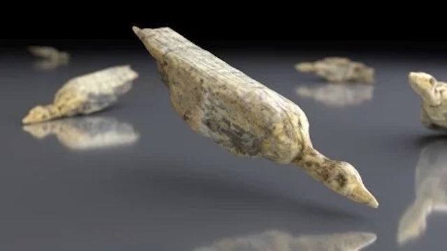 3D rendering of several mammoth ivory water bird figurines, each crafted more than 30,000 years ago, highlighting the early human connection with animals and spirituality