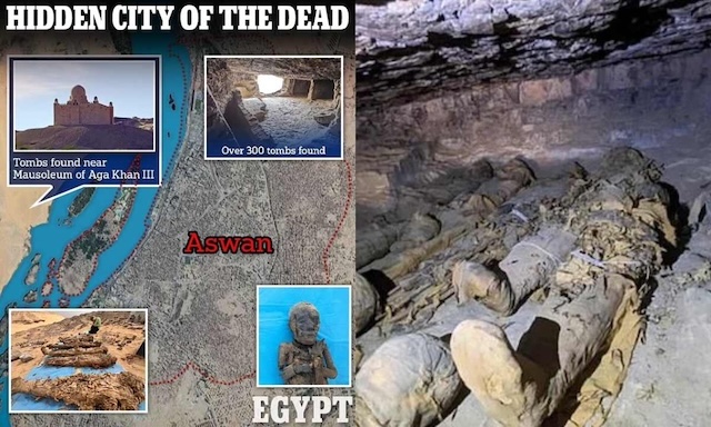 An overview of the 'City of the Dead' site in Aswan, Egypt, where over 300 tombs have been found, unveiling the mysteries of an ancient civilization