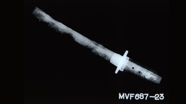 X-ray image of a Wakizashi blade, revealing the detailed internal structure of this centuries-old samurai short sword, found at Molkenmarkt