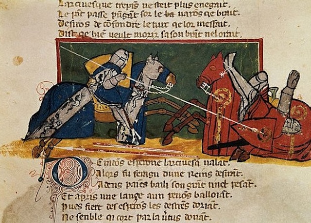 Medieval manuscript artwork depicting knights engaging in a jousting tournament, where injuries and even death were not uncommon