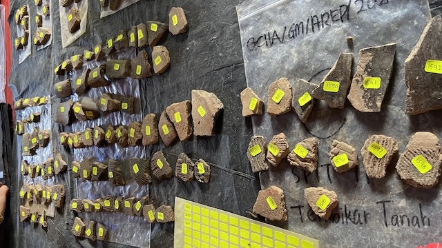 A collection of pottery shards, labeled and organized, representing some of the 71,000 artifacts uncovered in the excavation of the Malaysian caves