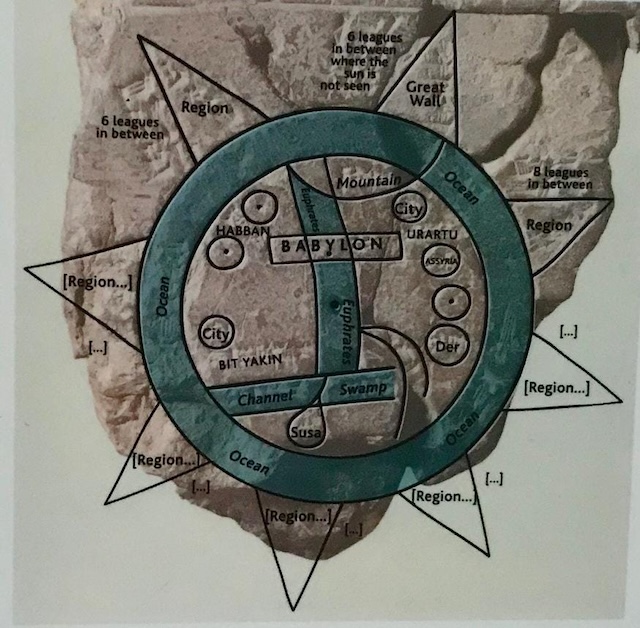 A closer view of the annotated Babylonian Map of the World, marking various regions, mountains, and cities encircled by the "Bitter Ocean."