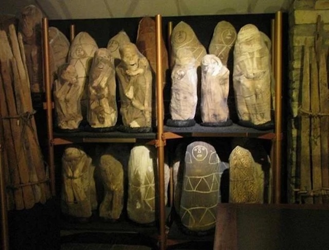 Rows of preserved Incan mummies at the Leymebamba Museum, showcasing how these individuals were wrapped and prepared for burial