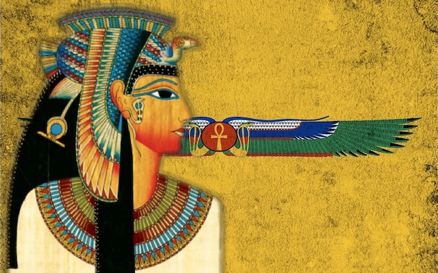  An artistic representation of Cleopatra, with traditional Egyptian symbols, showcasing her status as a powerful and influential ruler in history