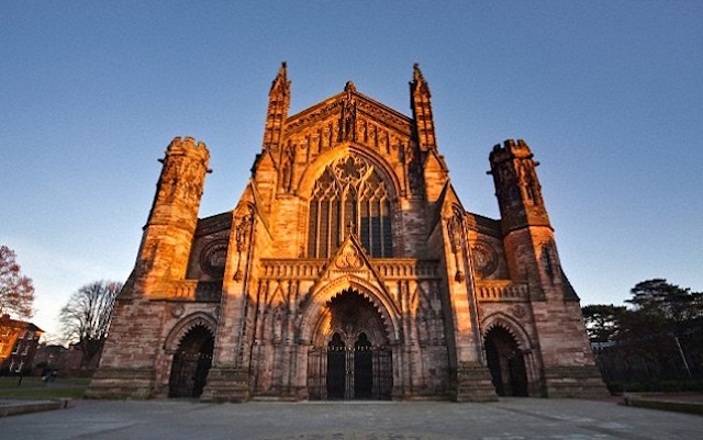 The majestic facade of Hereford Cathedral, where numerous medieval skeletons, including that of the knight, were uncovered during a recent archaeological dig