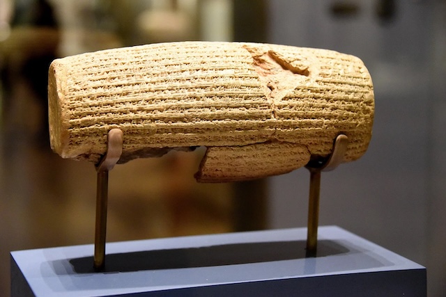 The Cyrus Cylinder, often considered the first charter of human rights, issued by Cyrus the Great, detailing policies that influenced governance and freedom