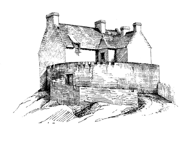 A vintage sketch showcasing the architectural layout of Duntrune Castle in its early days, reflecting its strategic design