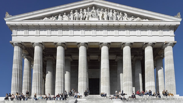 A close-up of Walhalla’s Parthenon-inspired façade, with its towering marble columns and intricate friezes, a true testament to Neoclassical architecture.