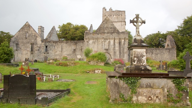 The outer façade of Muckross Abbey, with its weathered stone walls and tranquil graveyard, reflecting centuries of history