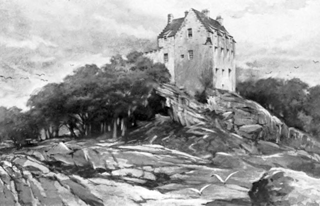 A timeless painting capturing the rugged beauty of Duntrune Castle perched on rocky terrain, surrounded by lush landscapes