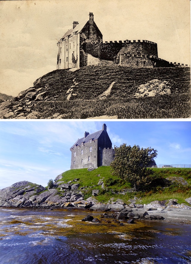 A comparative image showing the transformation of Duntrune Castle from historical sketches to modern-day photographs