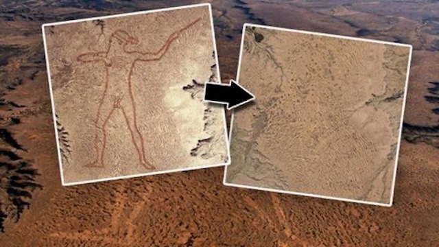 A comparison image showing the detailed depiction of the hunter with a woomera and an aerial view of the surrounding landscape, emphasizing the sheer size of the Marree Man geoglyph