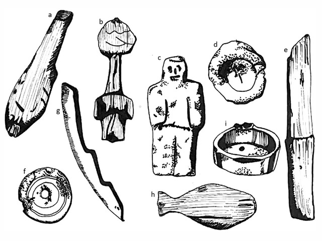 Nordic Toys: A fascinating collection of ancient playthings includes (a) a wooden bird figure, (b) a wooden toy sword, (c) a steatite doll, (d) a steatite pot, (e) a wooden knife, (f) a whalebone spinning top disc, (g) a wooden ship’s bow pole, (h) a wooden fish figure, and (i) a steatite bowl. Items are not to scale.