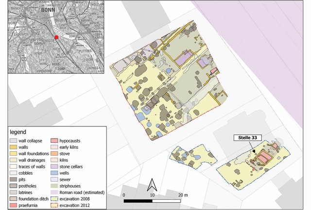 A detailed map of excavation areas from 2008 and 2012 at the vicus near the legionary fortress in Bonn reveals five strip houses. While the fronts lie beneath a modern road and remain unstudied, the remaining portions of the buildings were meticulously documented.