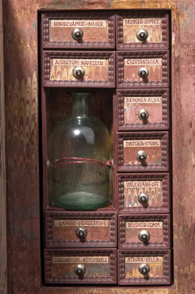 A close-up of the labeled drawers inside the Assassin Cabinet, featuring plants like Atropa belladonna (deadly nightshade) and Valeriana officinalis (valerian), representing the dual use of plants for harm and healing.