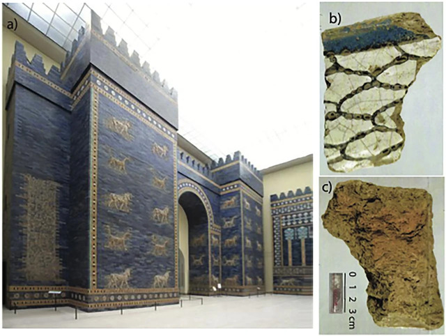 a) The reconstructed Ishtar Gate displayed at the Pergamon Museum in Berlin, Germany. b) A close-up of a brick (VA 17504) featuring blue glaze on its top left corner. c) The reverse side of the brick, from which tiny 0.1-gram fragments were extracted and placed in specimen tubes, as illustrated in the inset.