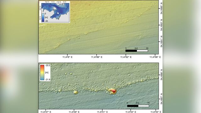 Sonar data captured by an autonomous underwater vehicle traces the wall’s path, stretching southwest to northeast across the Bay of Mecklenburg’s seafloor. Highlighted in red, a massive stone incorporated into the wall was too large to move, revealing the ingenuity of its builders.