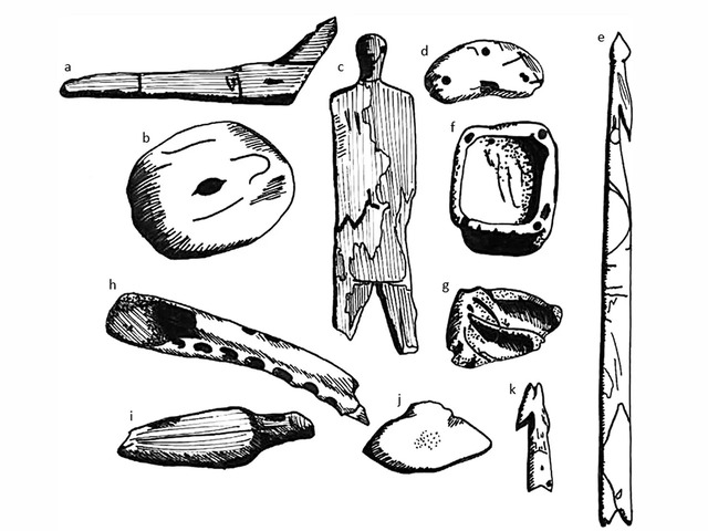 Inuit Toys from the National Museum of Greenland in Nuuk: Highlights include (a) a wooden sledge runner and upstander, (b) a wooden spinning top disc, (c) a wooden doll, (d) a bone sealing stool used for hunting on the ice, (e) a baleen harpoon, (f) a soapstone cooking pot, (g) a soapstone lamp with a ledge, (h) an ajagaq made of bone, (i) a wooden snow knife, (j) a slate women’s knife (ulo blade), and (k) a bone harpoon head. Items are not to scale.