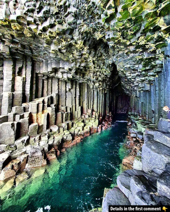 Lava flows slowly cooled and fractured into hexagonal columns, creating a strikingly geometric pattern