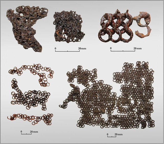 Examples of Roman Principate mail fragments include notable finds: Top left: Loughor, UK (c. CE 260–310); Top right: Gnotzheim, Germany (2nd–3rd centuries CE); Bottom left: Newstead, UK (CE 140–180); Bottom right: Sisak, Croatia, broadly attributed to the Roman Principate era (photos by M.A. Wijnhoven).