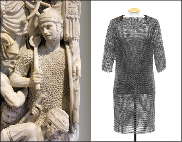 Left: A close-up of the Great Ludovisi Sarcophagus (Rome), dating to the mid-third century CE, reveals a standard-bearer clad in a short-sleeved mail coat (photo by M.A. Wijnhoven). Right: A digital reconstruction of a mail coat from Vimose, Denmark, dated to the late second or early third century CE, showcases ancient armor (reconstruction by A. Moskvin & M.A. Wijnhoven).