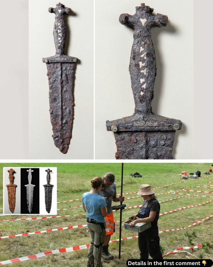 This ancient iron dagger, beautifully adorned with silver and brass inlays, is believed to have belonged to a Roman legionary and might have been intentionally buried as an offering of thanks after a victorious battle.