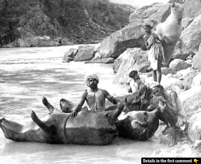 Locals in the Himalayan region prepare inflated bullock skins, an ingenious traditional method for river transportation.