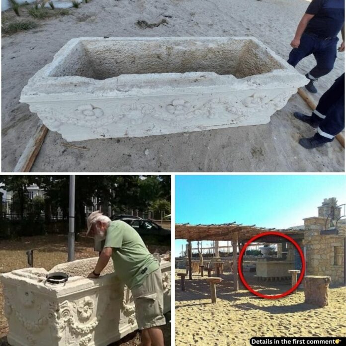 A 1,700-year-old Roman sarcophagus, once buried in history, now repurposed as a table at a Bulgarian beach bar.