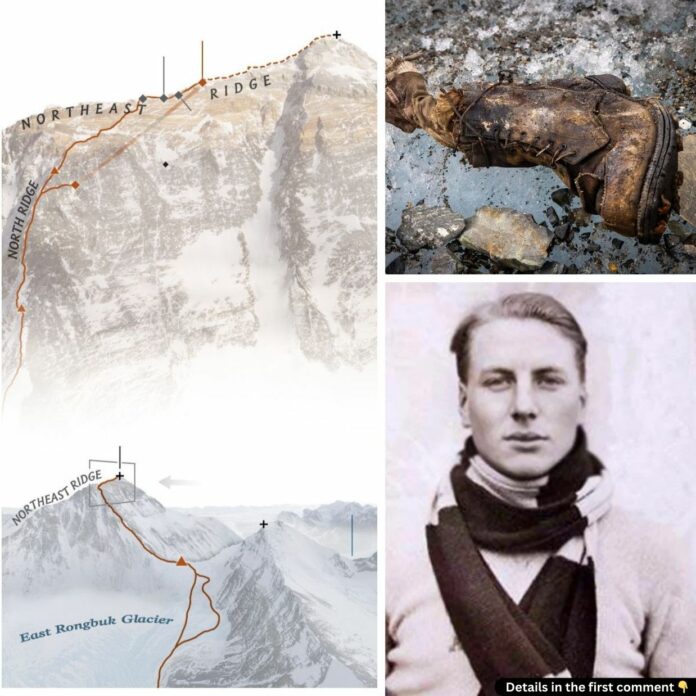 The recovered boot and sock, marked with Irvine’s initials, emerging from the ice of Mount Everest, providing a potential clue to his fate.